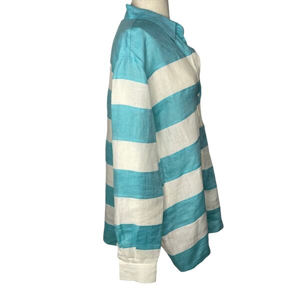 Escada Sport Linen Blouse Button Down Stripe Blue White L EUC - Picture 5 of 15